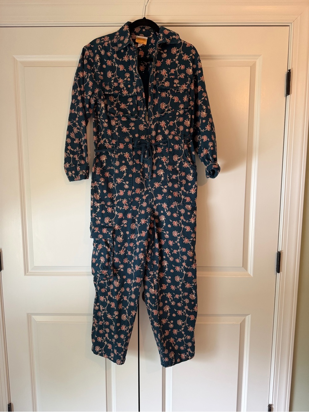 Future Collective Floral Utility Jumpsuit in Navy with Pink Print